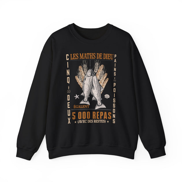 Sweat-shirt noir avec une illustration religieuse et du texte en français sur le devant.