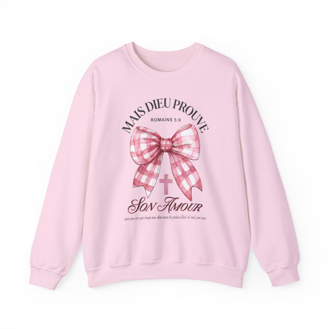 Sweatshirt rose pâle avec un nœud vichy, une croix et le texte Mais Dieu Prouve Son Amour.