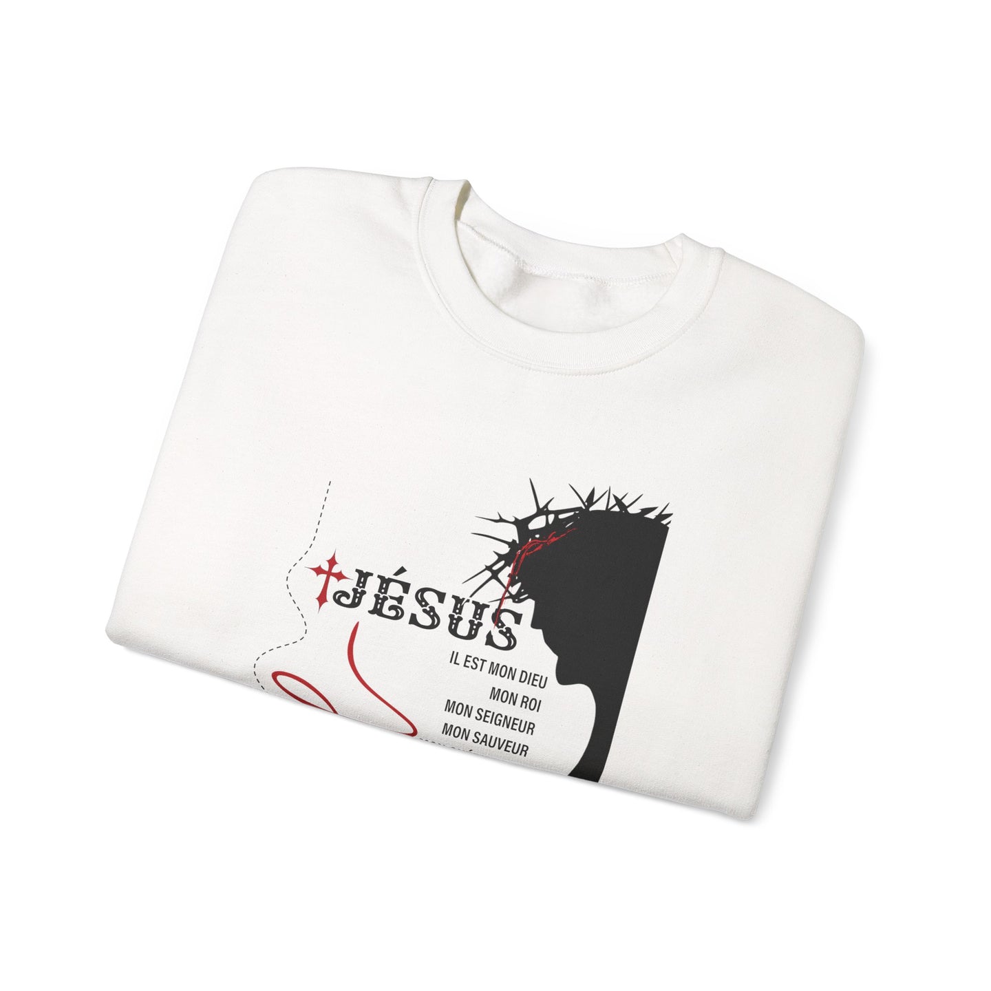 Sweat-shirt blanc plié avec une illustration de Jésus portant une couronne d'épines.