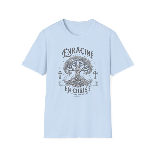 T-shirt bleu clair pour femme avec une illustration d'arbre et le texte Enraciné en Christ.