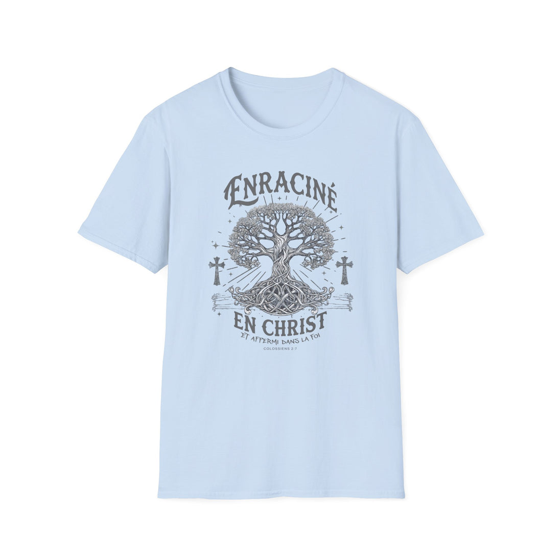 T-shirt bleu clair pour homme avec une illustration d'arbre et le texte Enraciné en Christ.