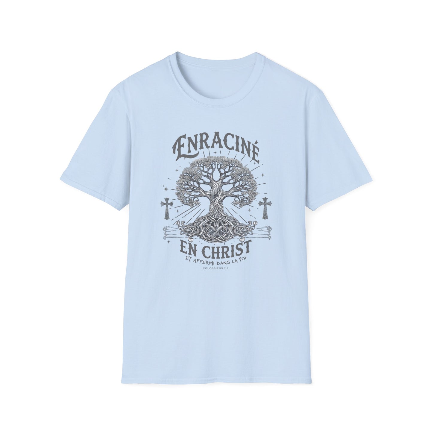 T-shirt bleu clair pour homme avec une illustration d'arbre et le texte Enraciné en Christ.
