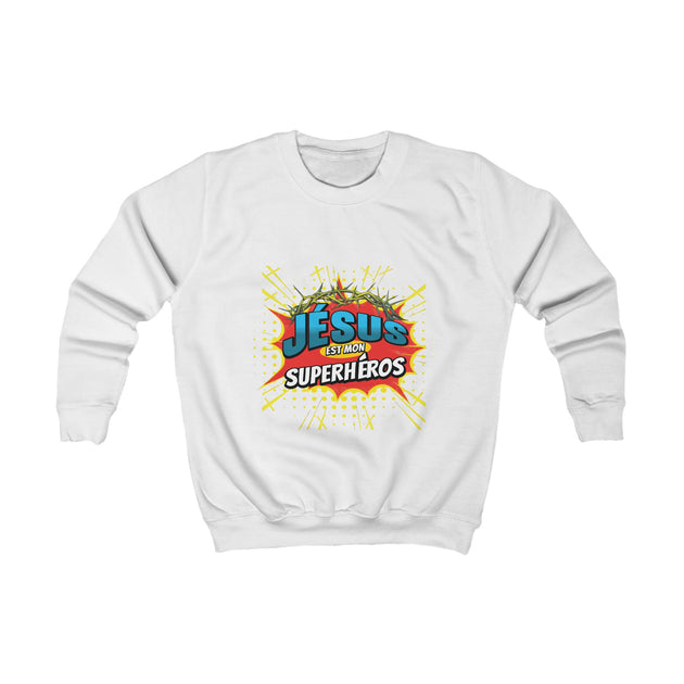 Sweat-shirt blanc pour enfant avec un motif coloré style bande dessinée Jésus est mon superhéros.