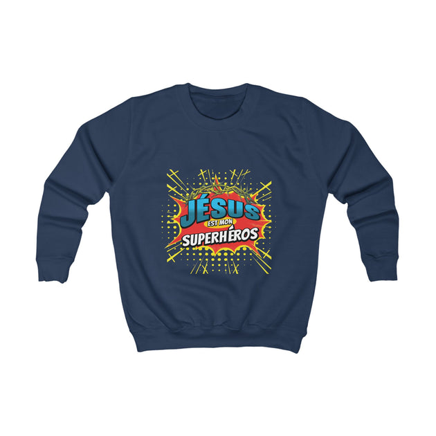 Sweatshirt bleu marine pour enfant avec un motif style comics Jésus est mon superhéros.
