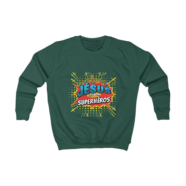 Sweatshirt vert pour enfant avec un motif coloré style comics Jesus est mon superhéros.