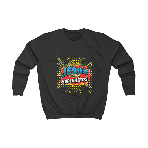Sweat-shirt noir pour enfant avec un motif coloré style comics Jésus est mon superhéros.