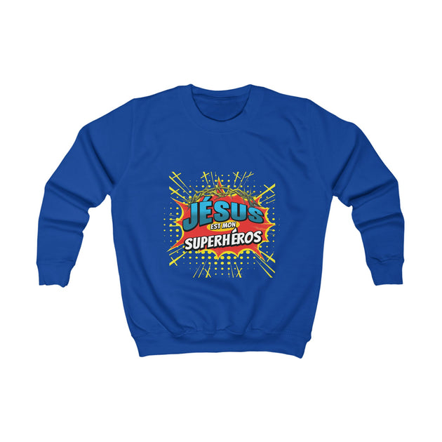 Sweatshirt bleu pour enfant avec un motif style bande dessinée Jesus est mon superhéros.