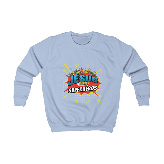 Sweatshirt bleu clair pour enfant avec un motif style comics Jésus est mon superhéros.
