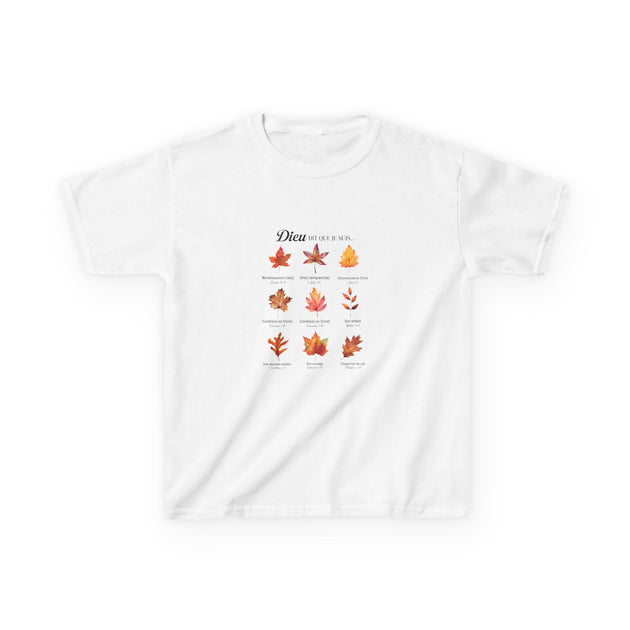 T-shirt blanc pour enfant orné d'un motif de feuilles d'automne et de textes bibliques.