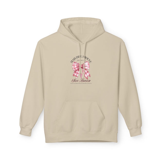 Sweat à capuche beige pour femme avec un motif de nœud rose à carreaux et une croix chrétienne.