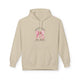 Sweat à capuche beige pour femme avec un motif de nœud rose à carreaux et une croix chrétienne.