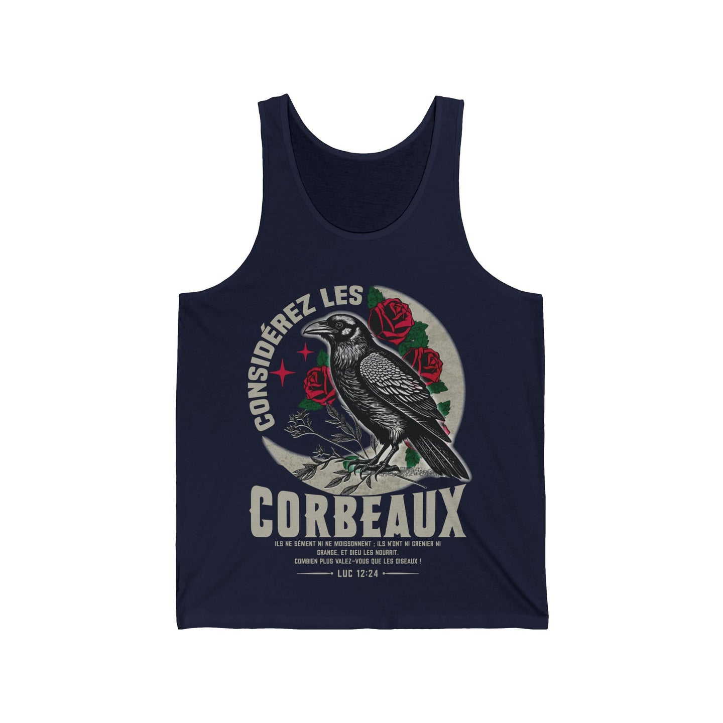 Débardeur bleu marine pour homme avec une illustration de corbeau, de roses et un texte biblique.
