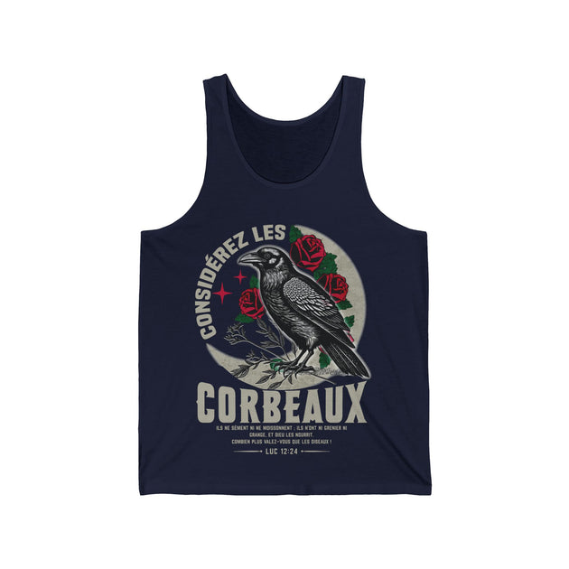 Débardeur bleu marine pour homme avec une illustration de corbeau, de roses et un texte biblique.
