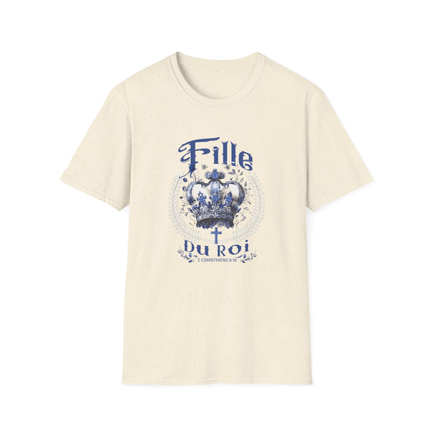T-shirt beige pour femme avec une couronne bleue, une croix et le texte Fille du Roi.