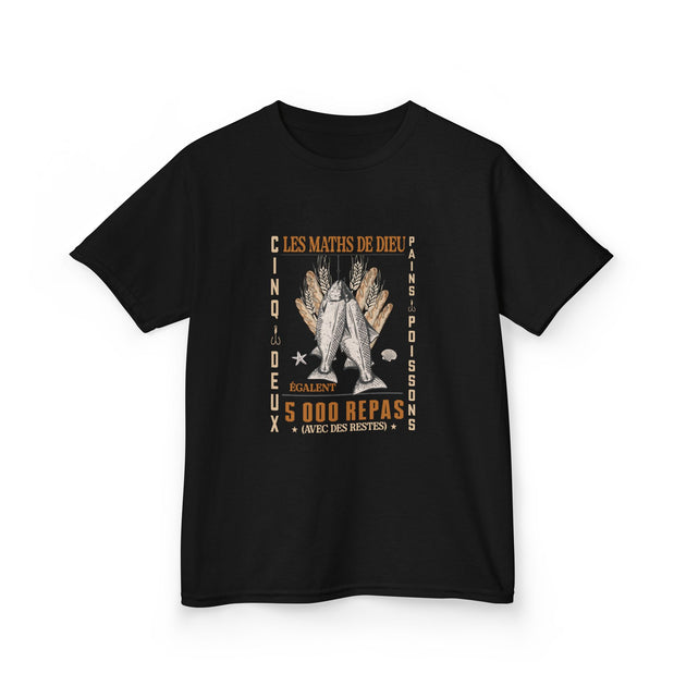 T-shirt noir pour enfant avec une illustration vintage sur le thème biblique des pains et poissons.