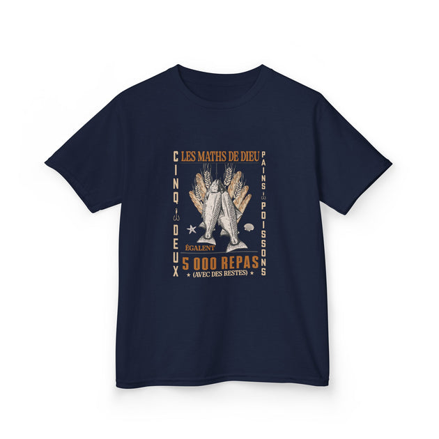 T-shirt bleu marine pour enfant avec une illustration vintage sur le thème de la multiplication.