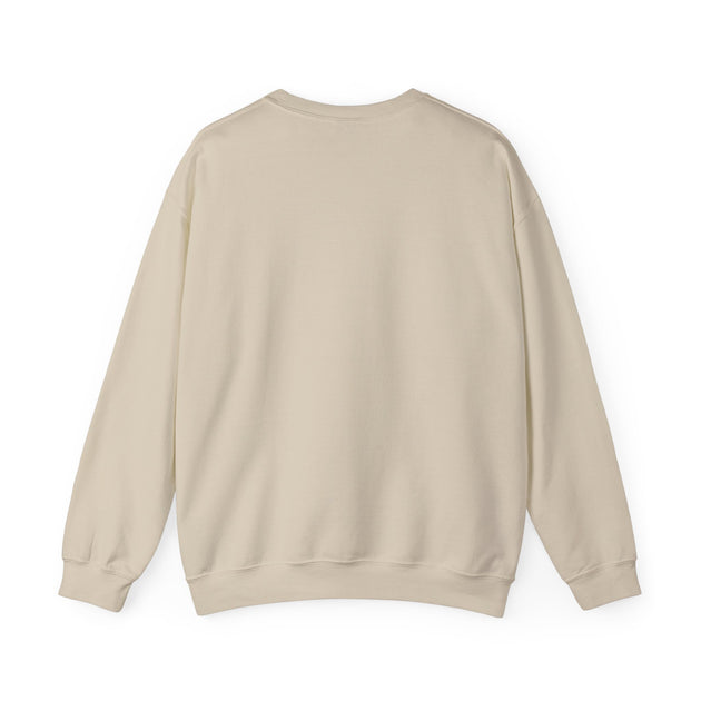Vue arrière d'un sweatshirt beige à col rond pour femme, présenté sur un fond blanc.