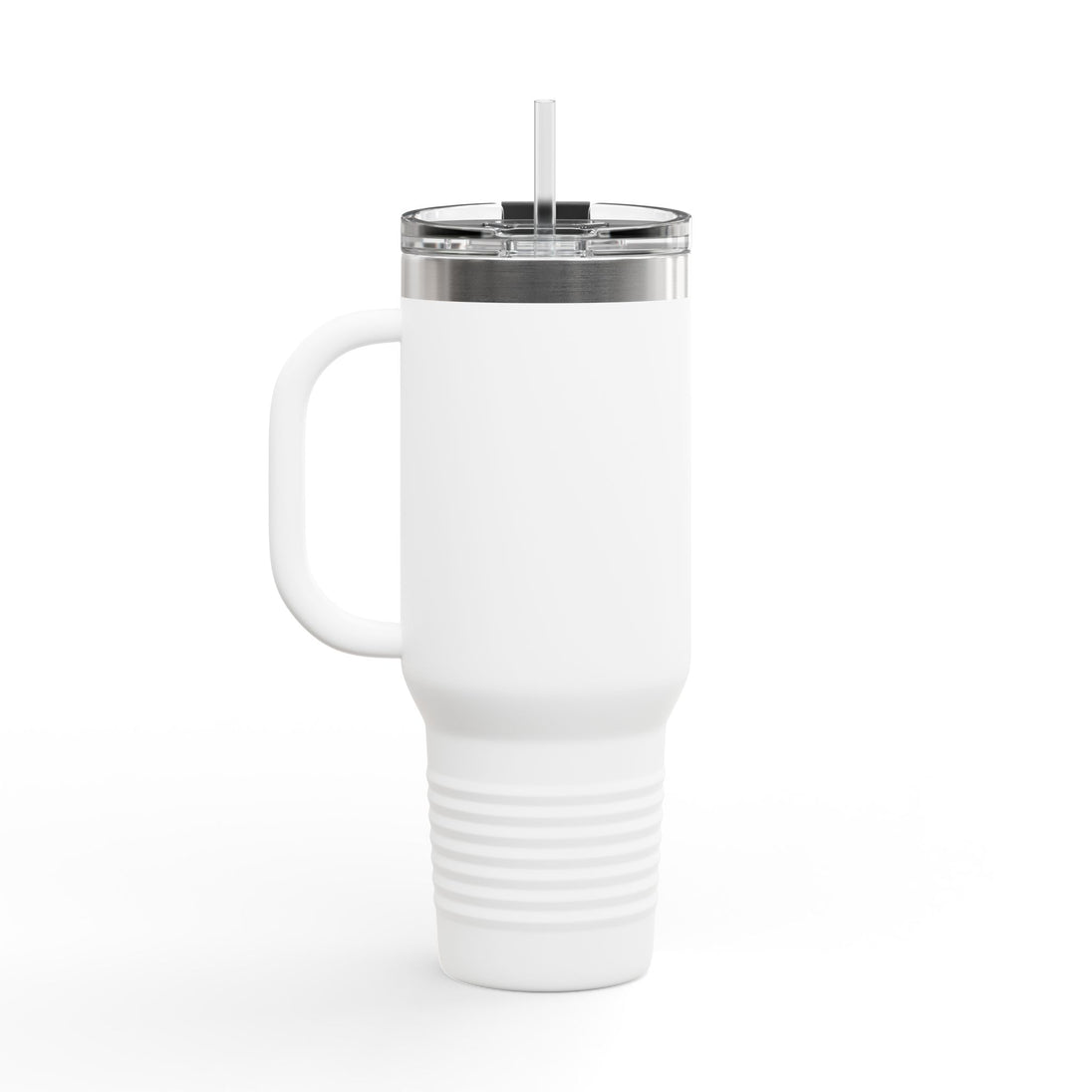 Mug de voyage isotherme blanc de 40oz avec poignée, couvercle transparent et paille.