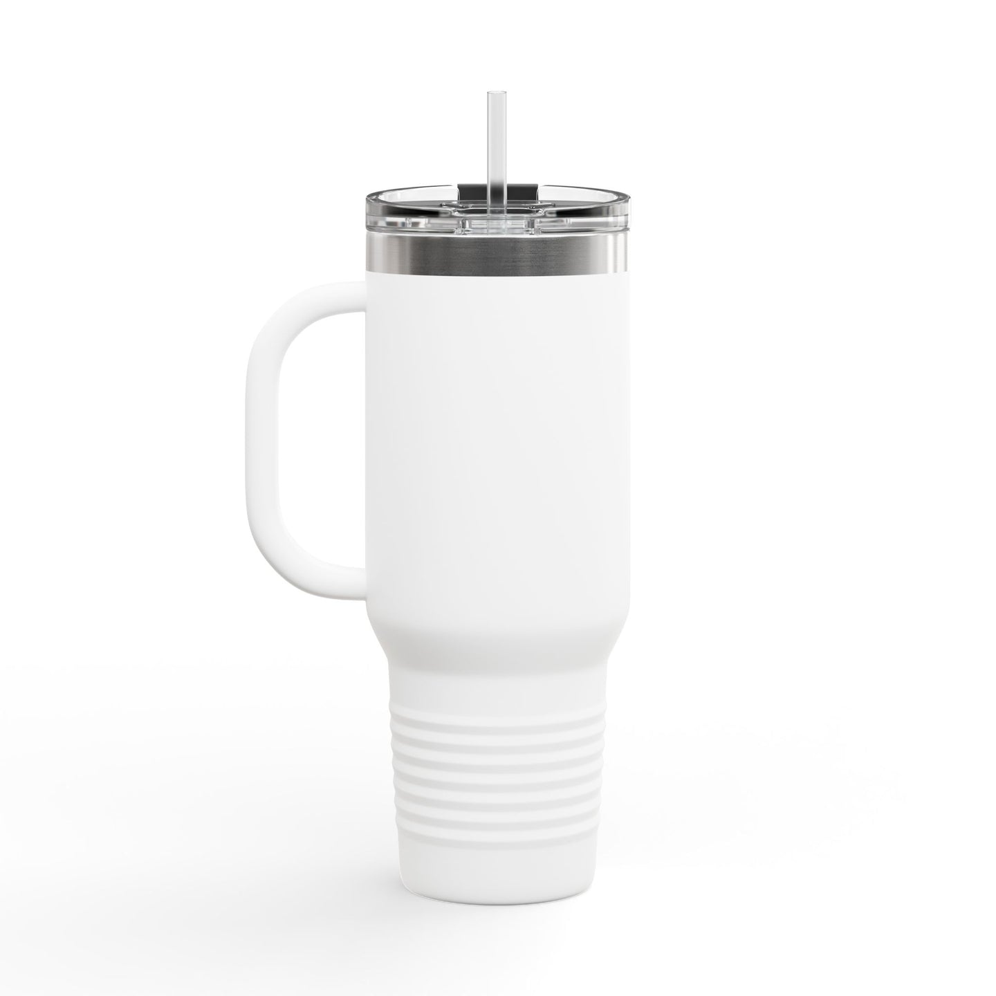 Mug de voyage isotherme blanc de 40oz avec poignée, couvercle transparent et paille.