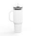 Mug de voyage isotherme blanc de 40oz avec poignée, couvercle transparent et paille.