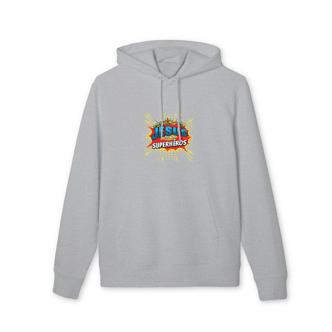 Sweat à capuche gris avec le logo Jesus est mon superhéros imprimé sur la poitrine.
