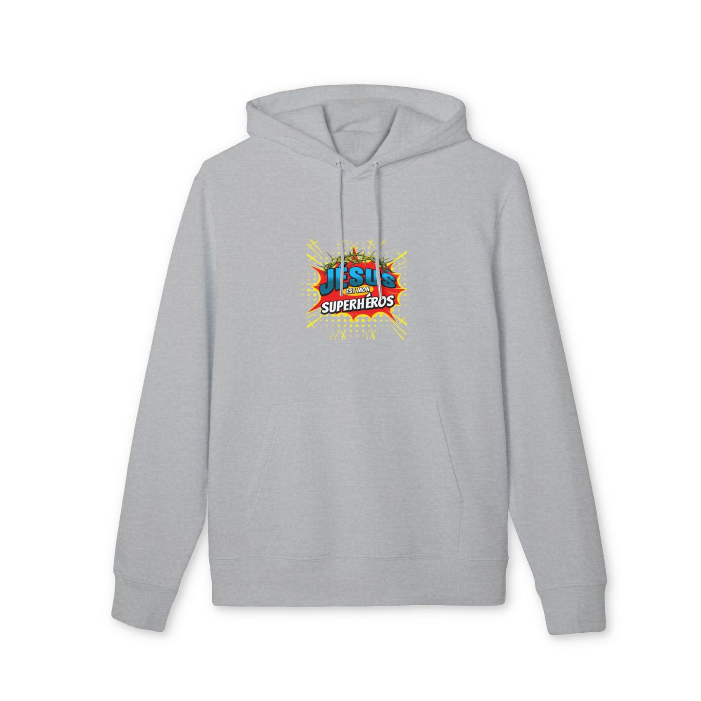 Sweat à capuche gris avec le logo Jesus est mon superhéros imprimé sur la poitrine.