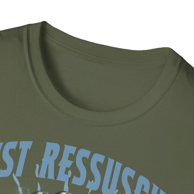 T-shirt vert olive pour homme avec l'inscription bleue Il est ressuscité.