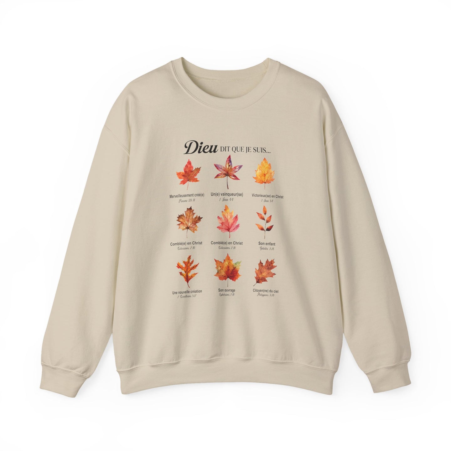 Sweat-shirt beige à col rond orné d'un motif de feuilles d'automne et de textes bibliques.