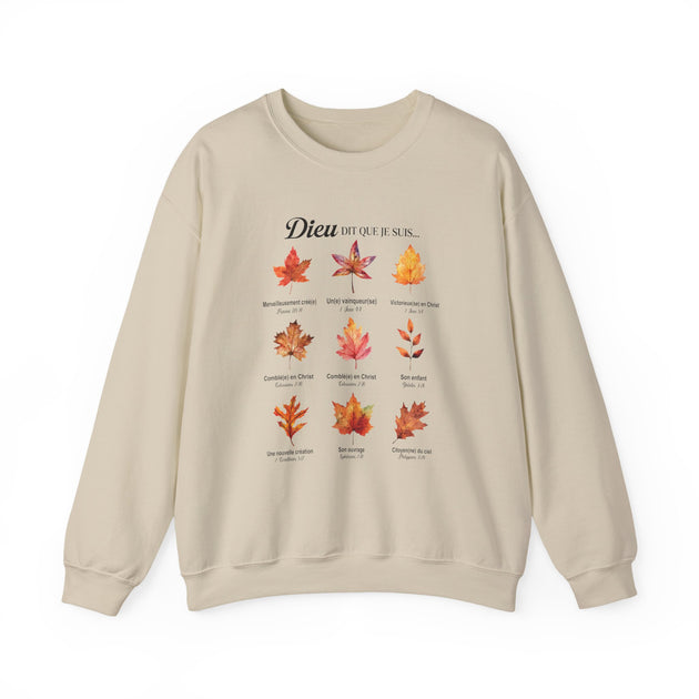 Sweat-shirt beige à col rond orné d'un motif de feuilles d'automne et de textes bibliques.