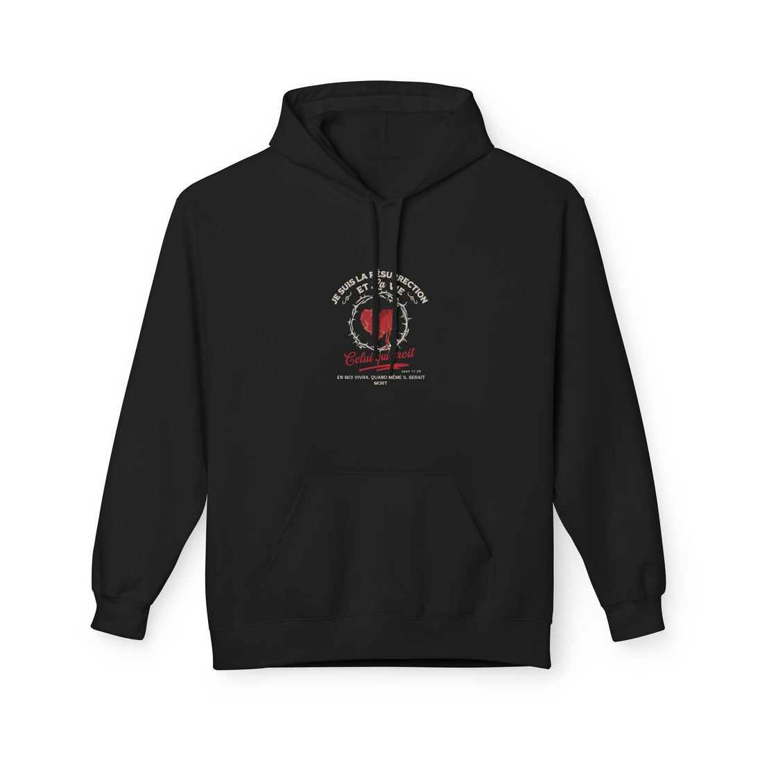 Sweat à capuche noir pour femme avec un motif religieux centré représentant un cœur et du texte.