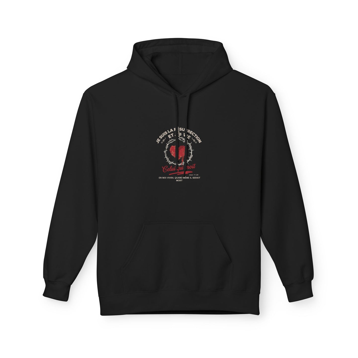 Sweat à capuche noir pour femme avec un motif religieux centré représentant un cœur et du texte.