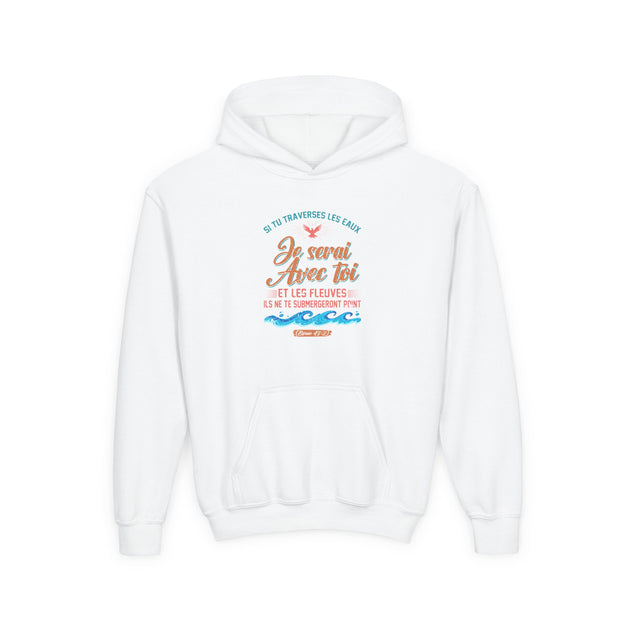 Youth white hoodie with French Christian text and beach wave graphic on the chest.
