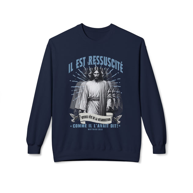 Sweat-shirt bleu marine avec une illustration religieuse et le texte Il est ressuscité.
