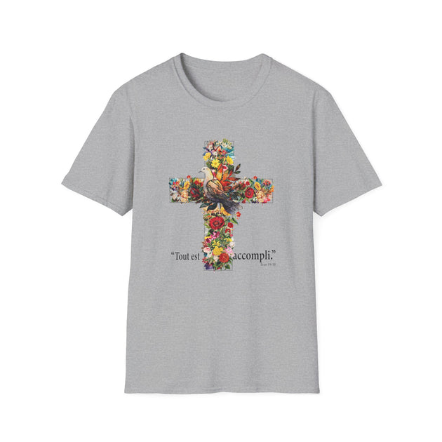 T-shirt gris pour femme orné d'une croix fleurie avec une colombe et l'inscription Tout est accompli.