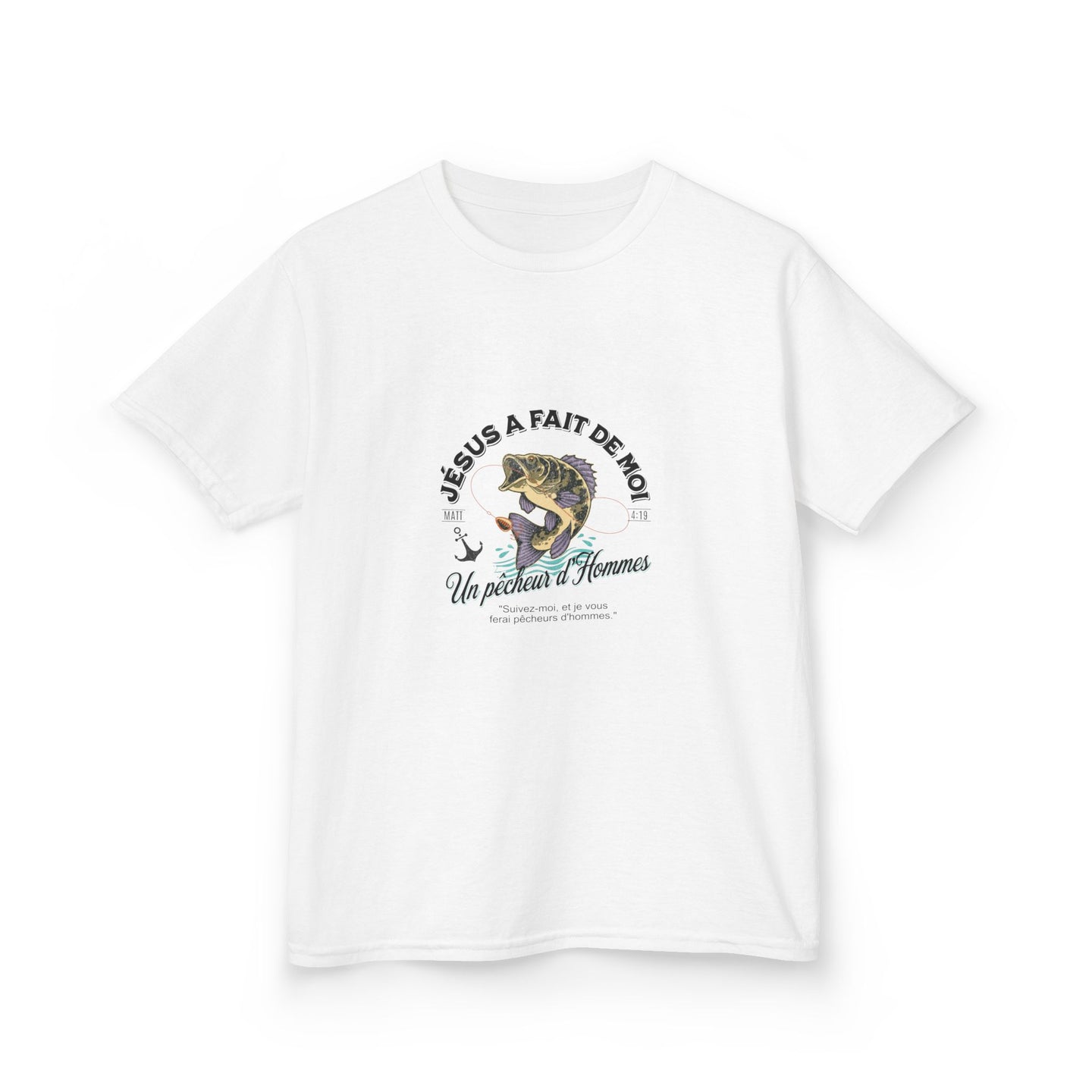 T-shirt blanc pour enfant avec une illustration de poisson et le texte Jésus a fait de moi.