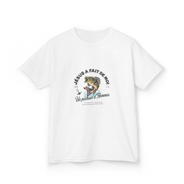 T-shirt blanc pour enfant avec une illustration de poisson et le texte Jésus a fait de moi.