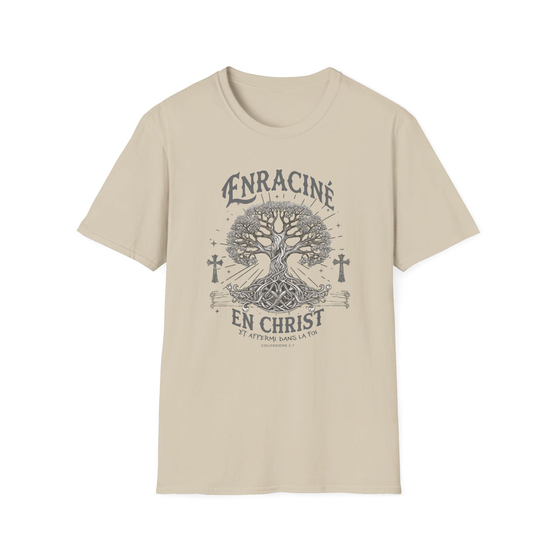 T-shirt beige pour femme avec une illustration d'arbre et le texte Enraciné en Christ.