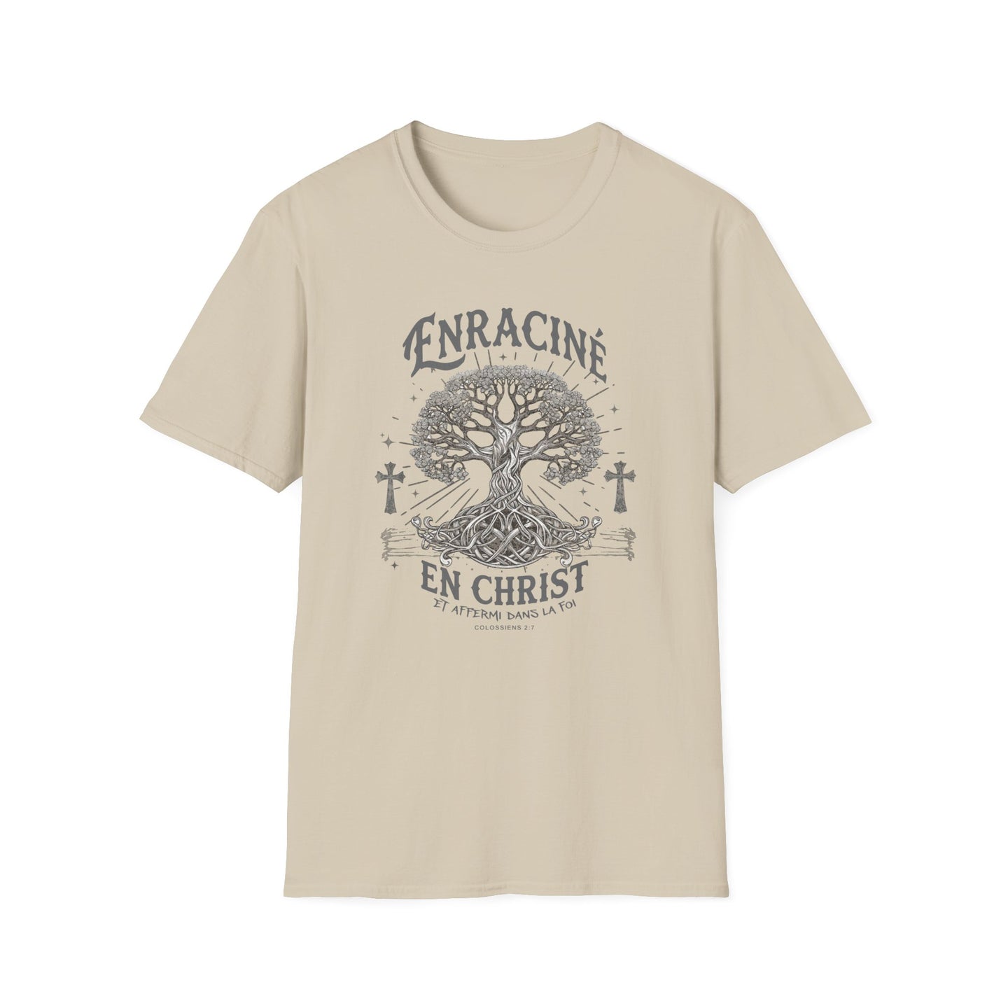 T-shirt beige pour femme avec une illustration d'arbre et le texte Enraciné en Christ.