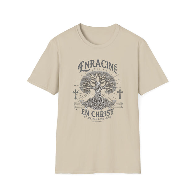 T-shirt beige pour femme avec une illustration d'arbre et le texte Enraciné en Christ.