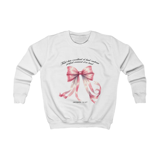 Sweatshirt blanc pour enfant orné d'un ruban rose aquarelle et d'une inscription religieuse.