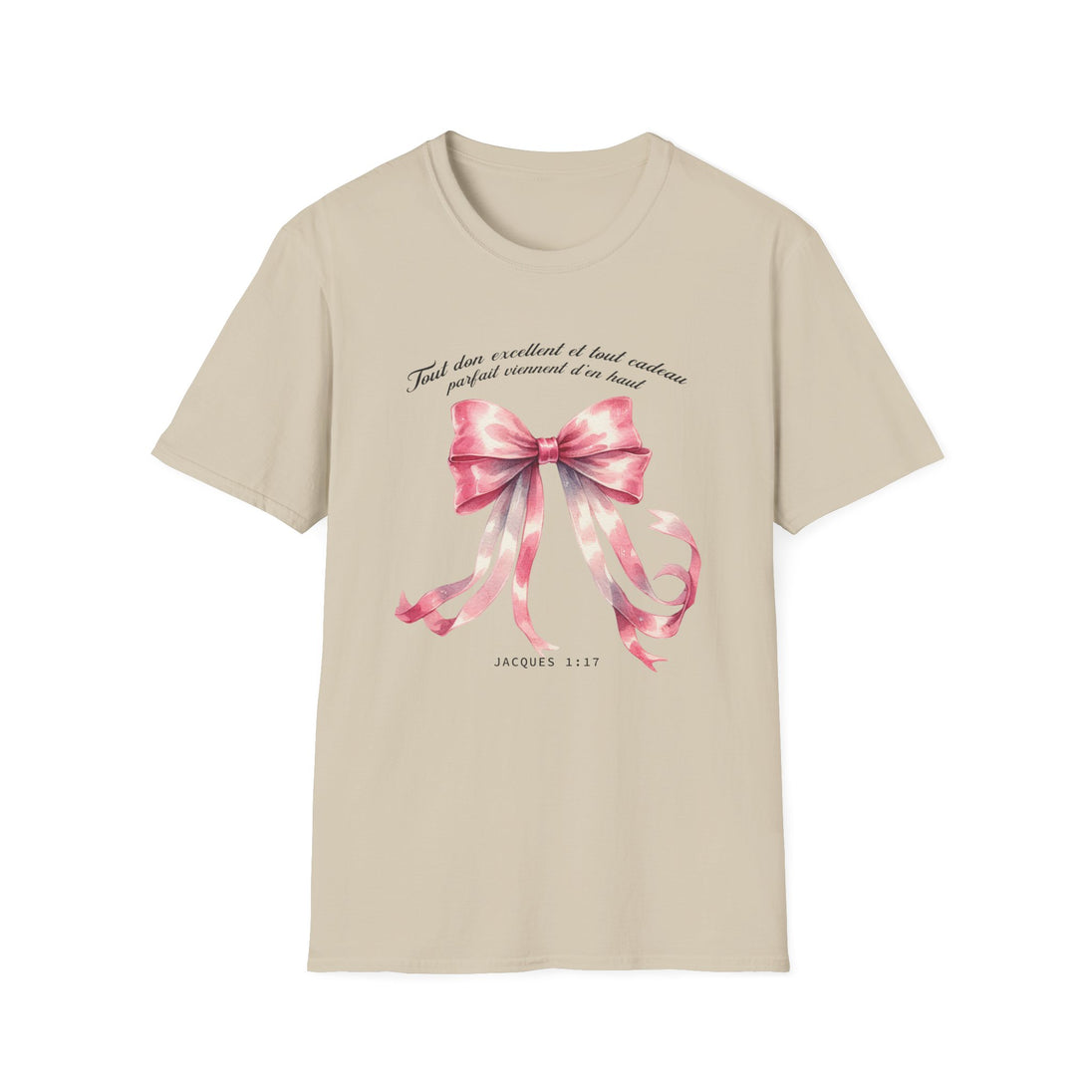 T-shirt beige pour femme orné d'un ruban rose aquarelle et du verset biblique Jacques 1:17.