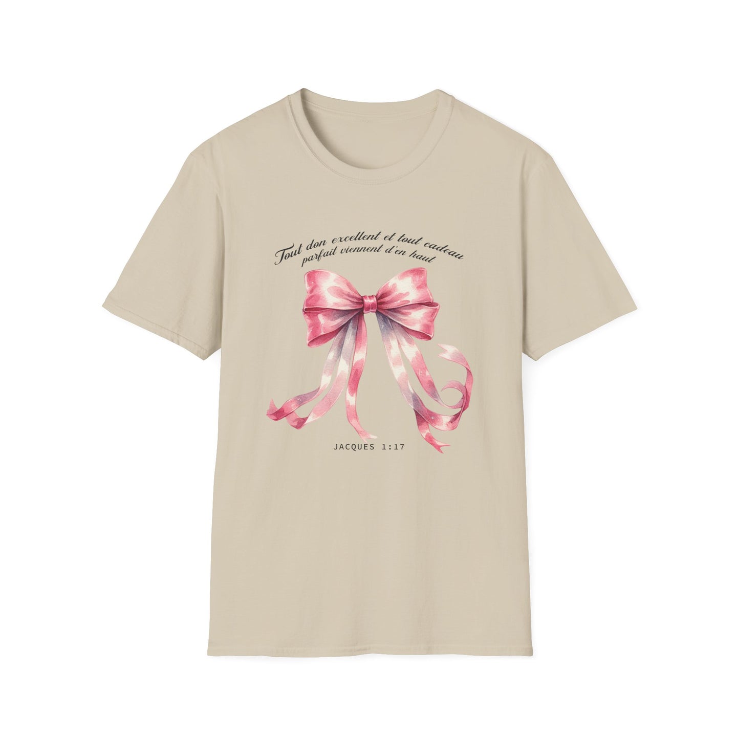 T-shirt beige pour femme orné d'un ruban rose aquarelle et du verset biblique Jacques 1:17.