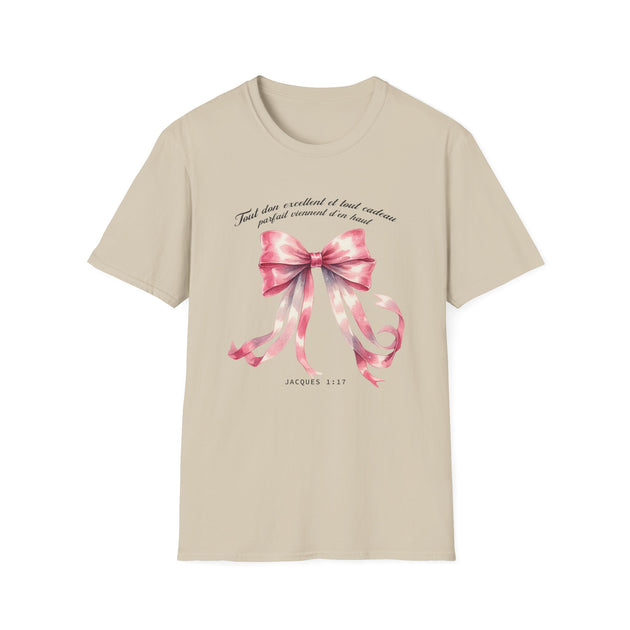 T-shirt beige pour femme orné d'un ruban rose aquarelle et du verset biblique Jacques 1:17.