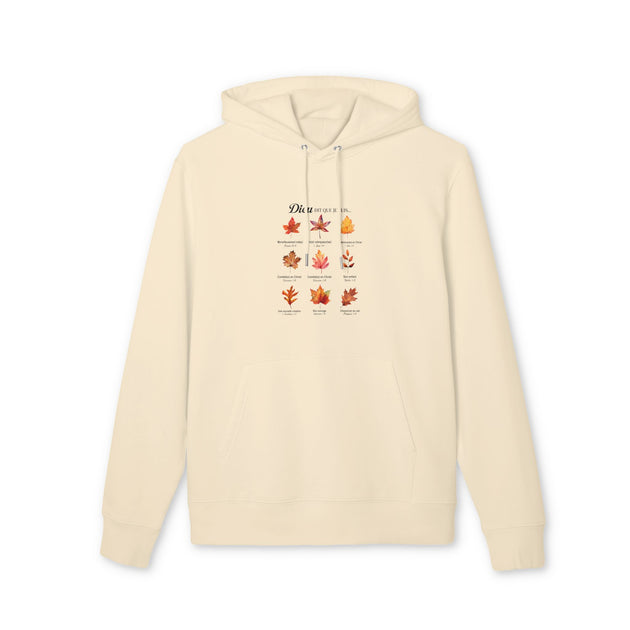 Sweat à capuche beige avec un motif de feuilles et des inscriptions bibliques sur la poitrine.