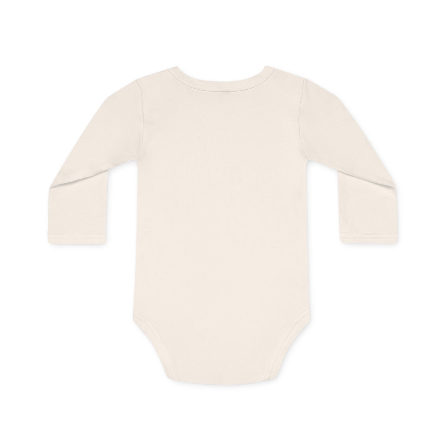 Dos d'un body bébé blanc cassé à manches longues en coton bio, vue arrière épurée.