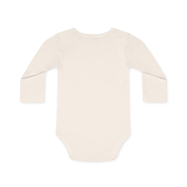 Dos d'un body bébé blanc cassé à manches longues en coton bio, vue arrière épurée.