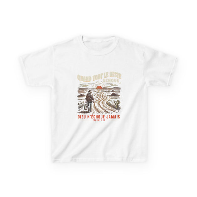 T-shirt blanc pour enfant avec une illustration rétro d'un voyageur et un message spirituel.