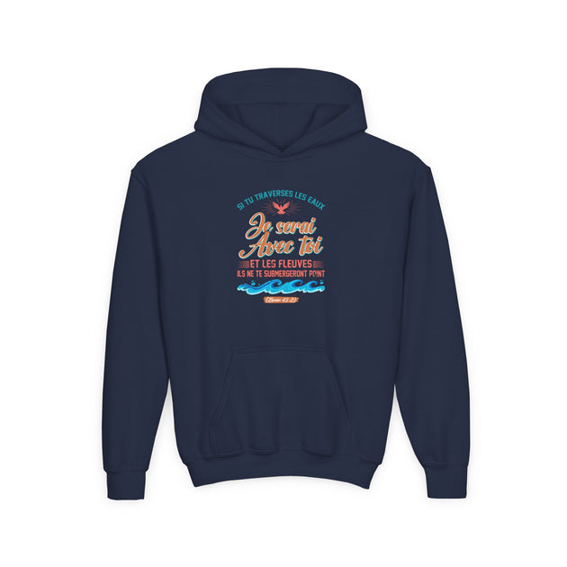 Sweat-shirt à capuche bleu marine pour enfant avec un motif inspiré de la mer sur la poitrine.