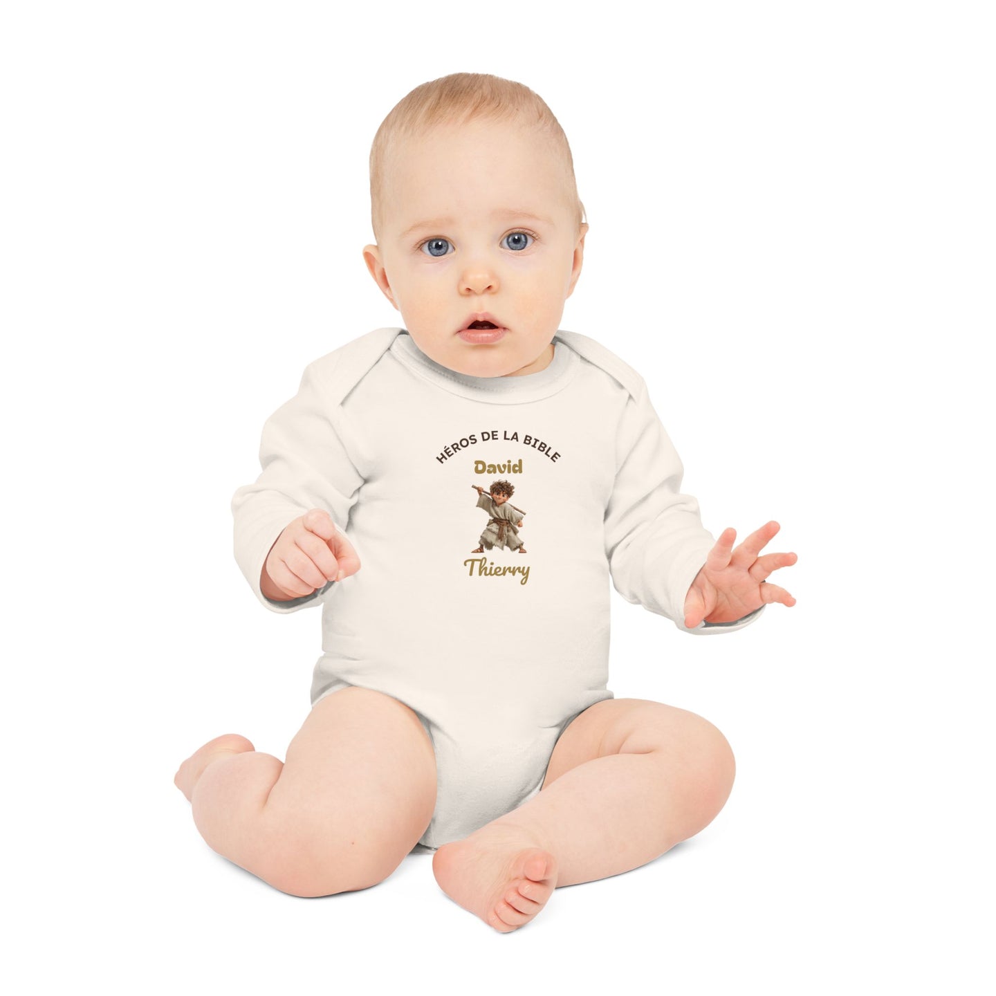 Body bébé blanc manches longues personnalisé David, Héros de la Bible, en coton bio.