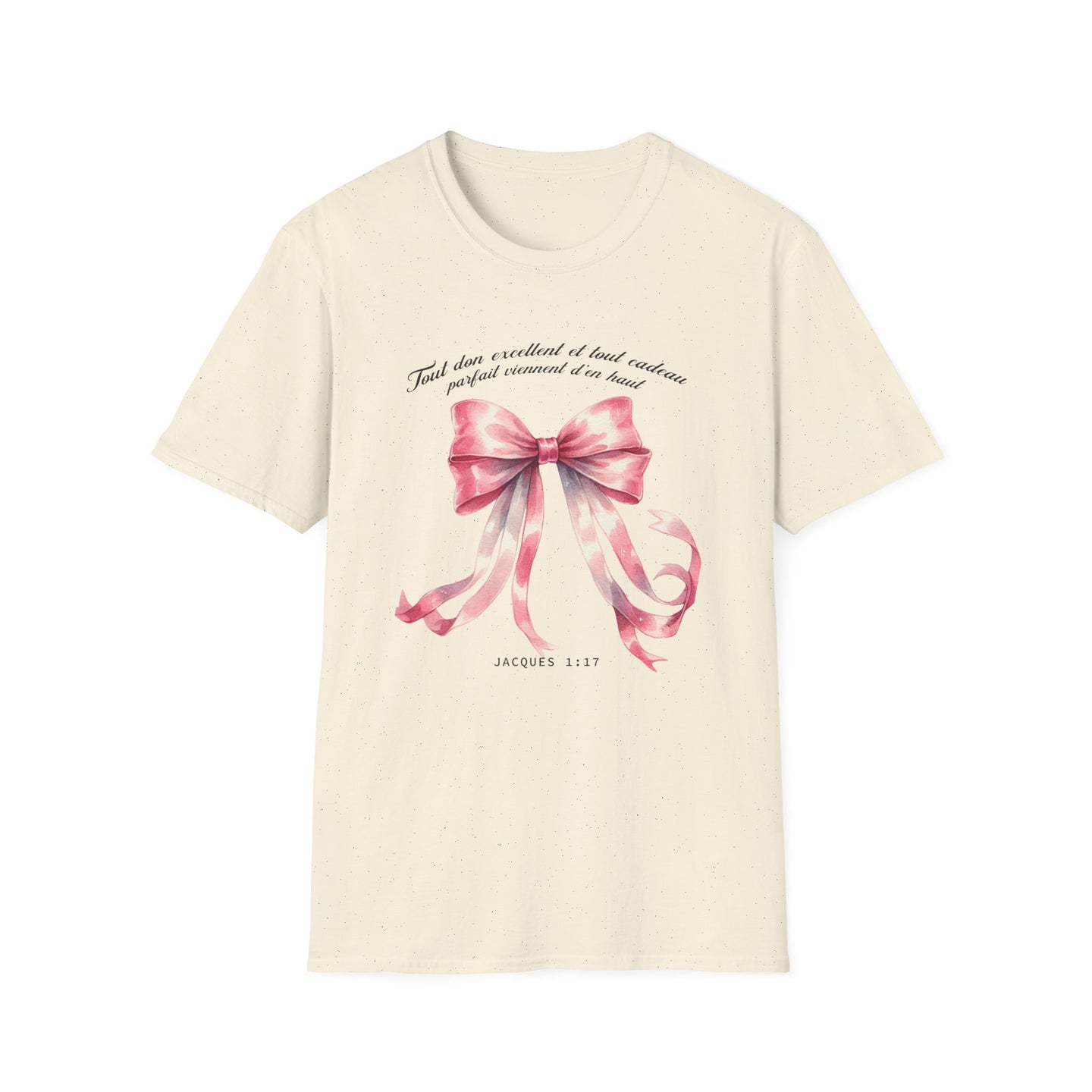 T-shirt beige pour femme orné d'un ruban rose aquarelle et du verset Jacques 1:17.